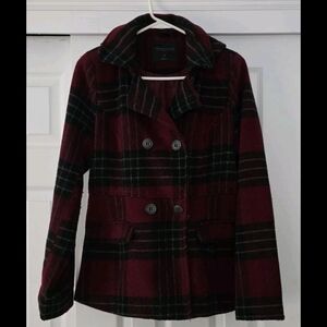 Aeropostale Womens Burgundy Red Plaid Double Breasted Hooded Pea Coat Jacket